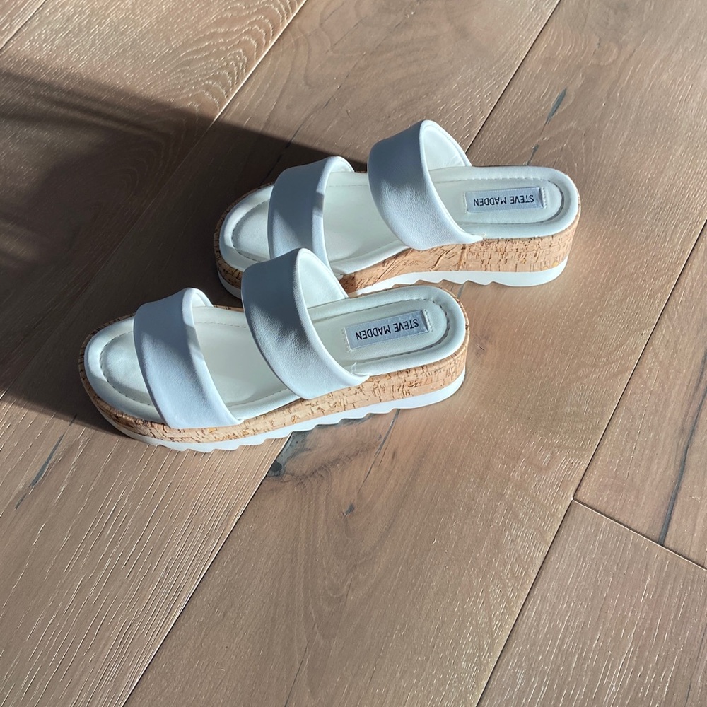 Steve Madden White Cork Platform Slides